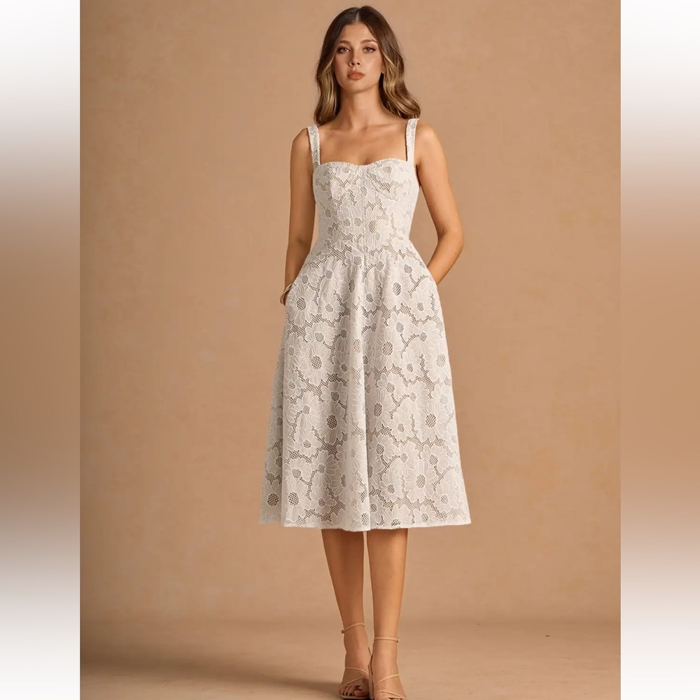Azazie Cream Floral Lace Midi Dress